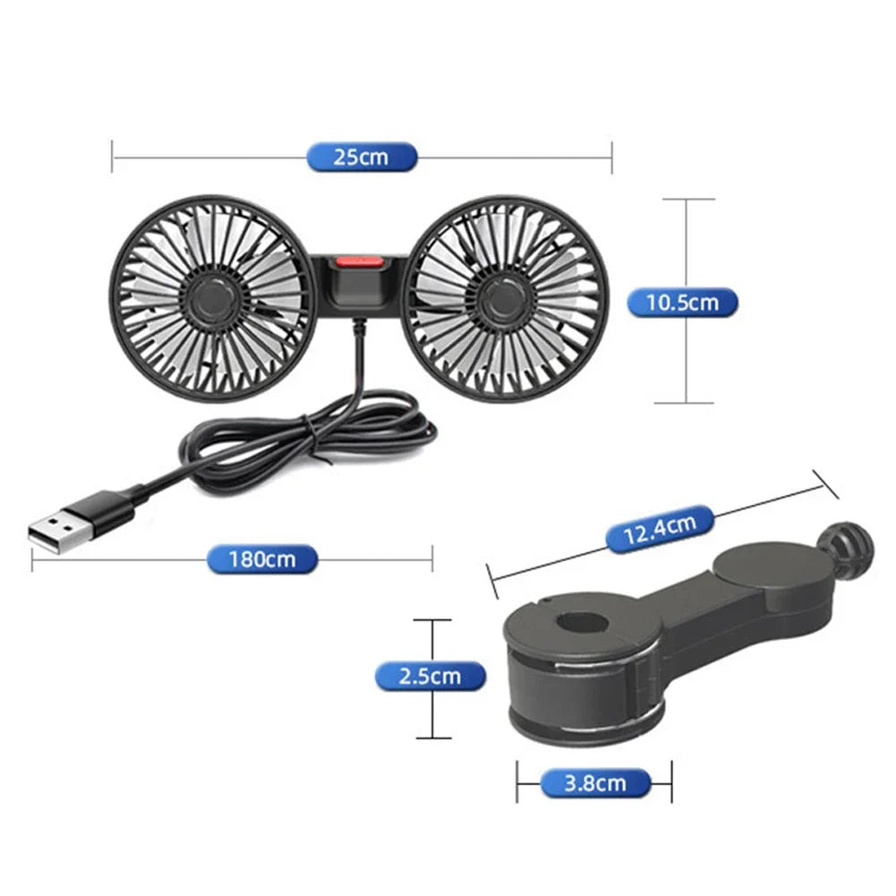 USB Charge Dual Head Fan Car Seat Back Cooling Fan Summer 360 Degree Rotation Auto Headrest Ventilation Fan Neck Cooler