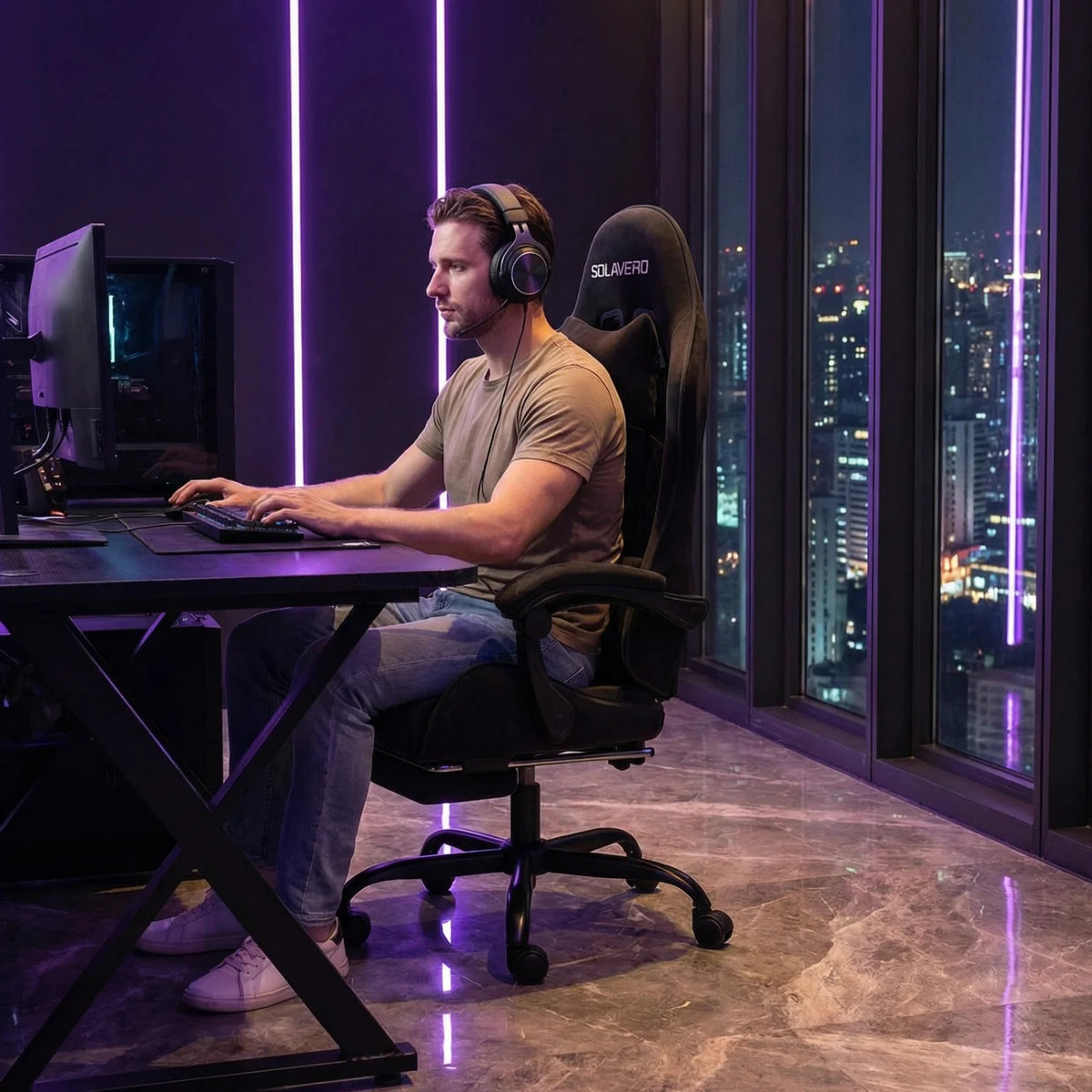Massage Gaming Chair, Computer Office Chair with Comfy Fabric, Height Adjustable Game Chair with 360°-Swivel Seat and Headrest