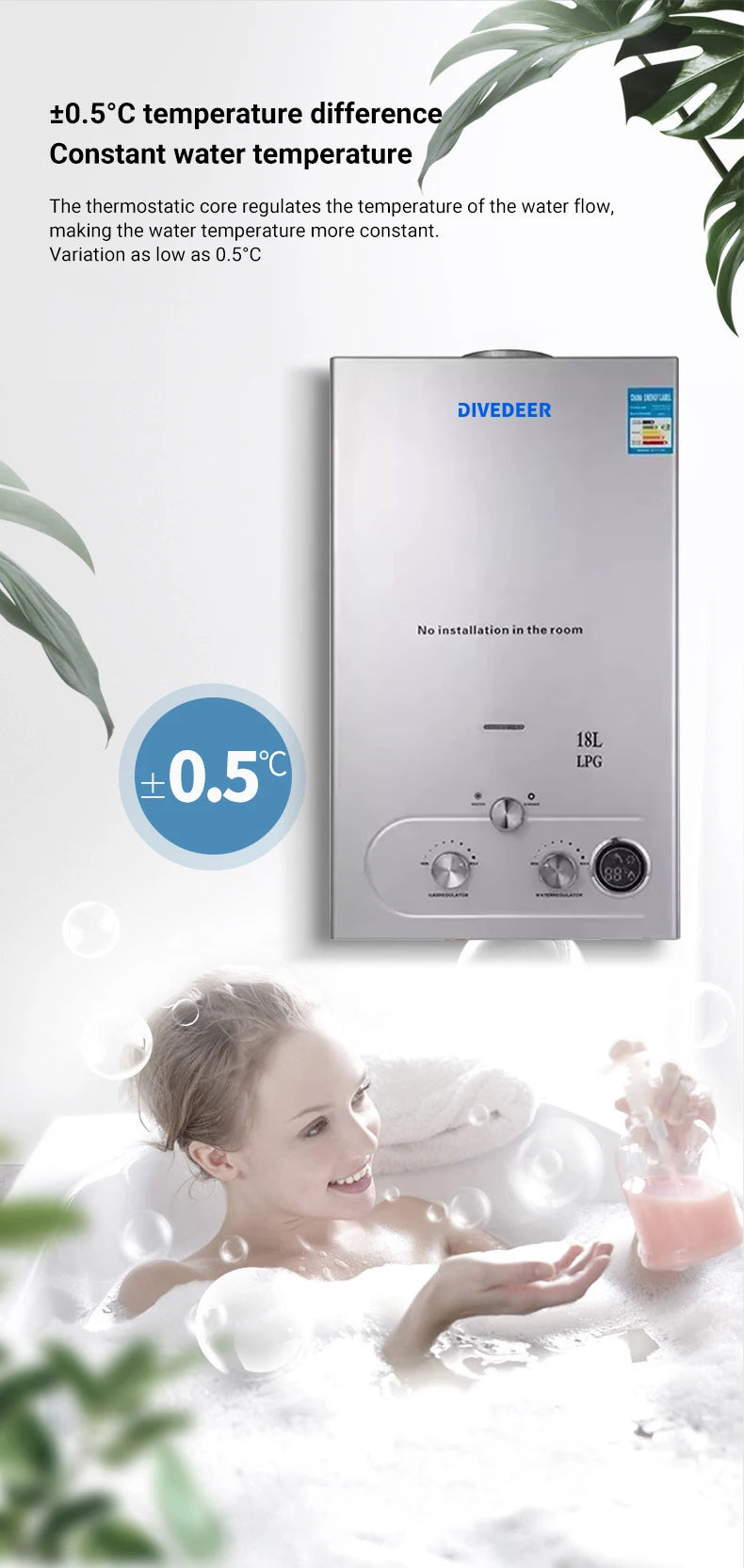 DIVEDEER Wall-mounted Water Heater 8L/12L/16L/18L LPG Water Heater Household Automatic Fast Gas Water Heater