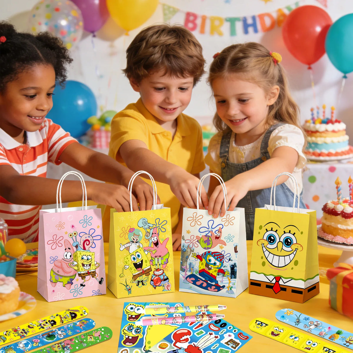 96 Pcs SpongeBob Birthday Party Favors-SpongeBob Party Favors Bags Keychain Stickers Slap Bands Etc SpongeBob Party Supplies