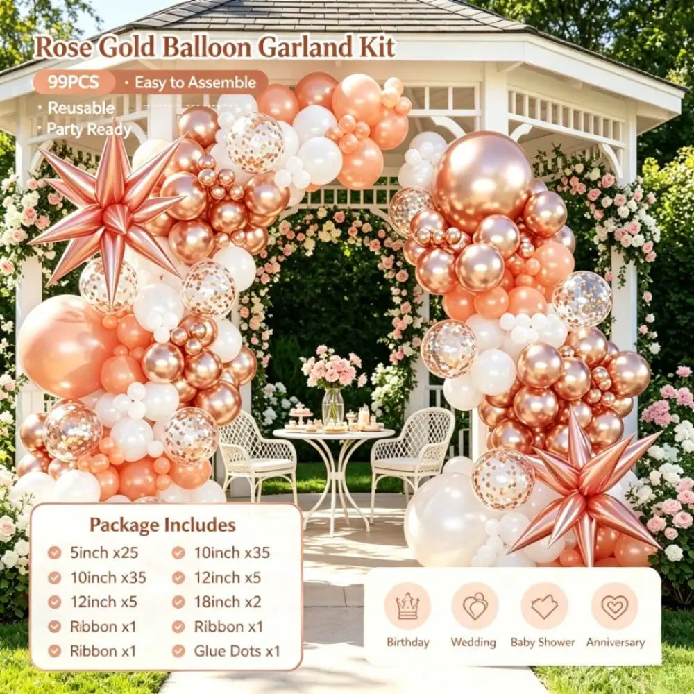 99pcs Rose Gold Orange White Balloon Garland Arch Kit, Star Foil Balloon & Gold Confetti Balloons, Boho Beach Wedding Bridal Shower Birthday Party Decor Supplies