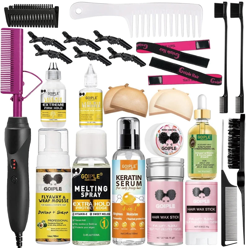 Electric Hot Heating Comb Curling Iron Pressing Comb for Wig Fast Heating Straightening Brush Hair Wax Stick Styling Tool Set