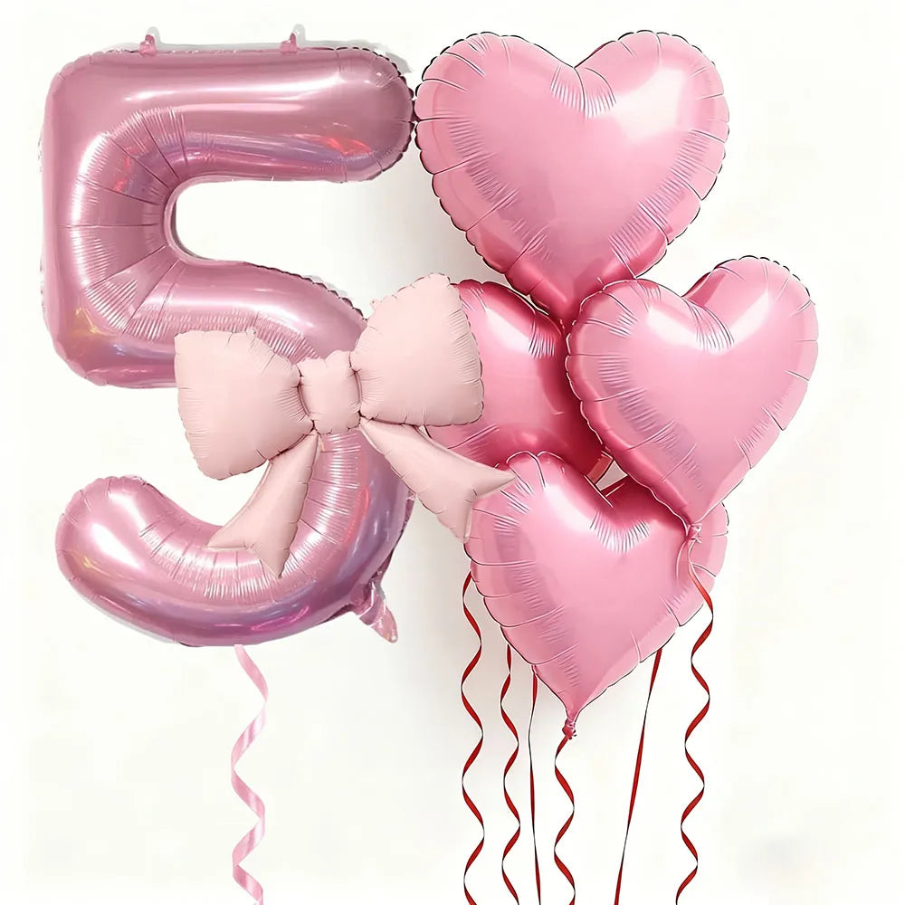6pcs Pink Bow Heart Balloon with 32Inch Pink Number Foil Balloon for Birthday Party Wedding Engagements Anniversaries Decoration