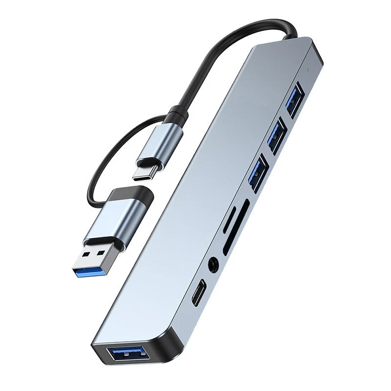 Expand your connectivity with this 8-in-2 USB + Type-C hub docking station—featuring multiple USB ports and a convenient card reader for seamless device access! Card Reader Laptop Tablet Phone Disk Converter