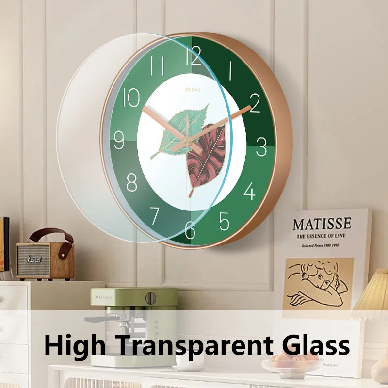 Green Leaf Art Wall Clock Silent Non-Ticking Modern Minimalist Easy to Read Clock for Living Room Bedroom Home Decor