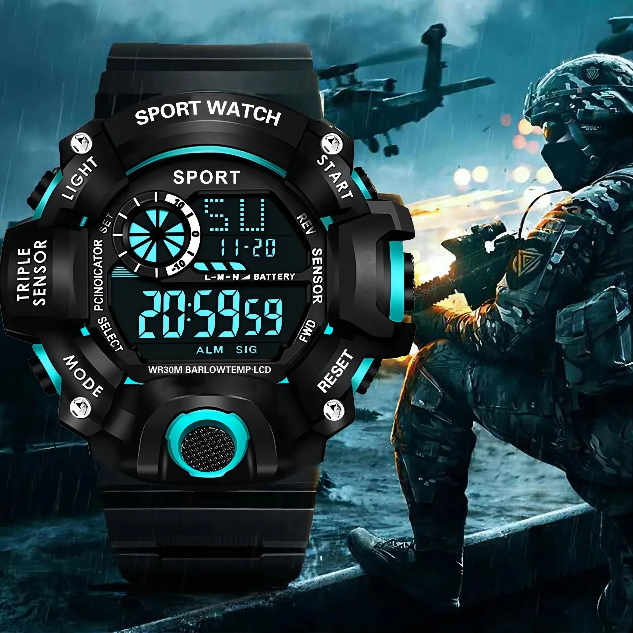 Fashion Men's Watch Sports Electronic Wristwatch Large Dial Multifunctional Waterproof Luminous Alarm Kids Male's Military Watch