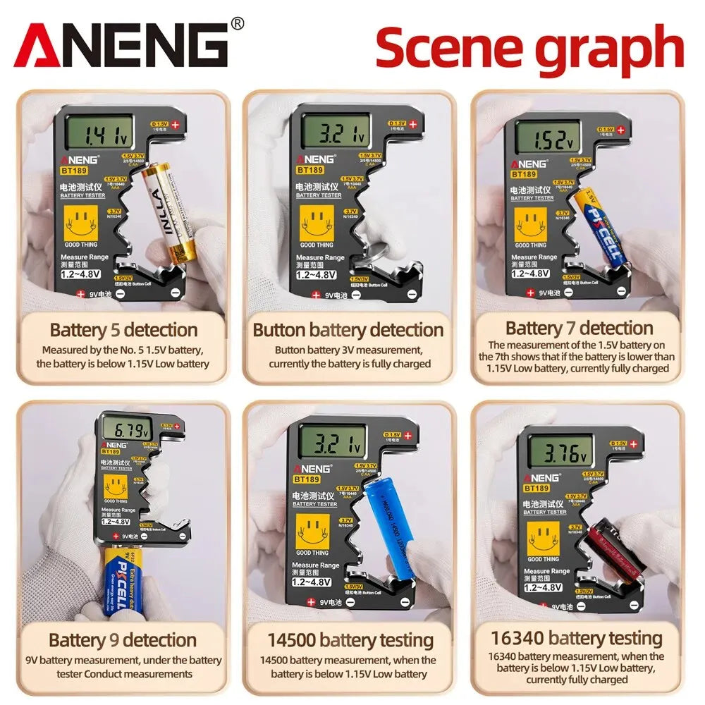 Quickly check your batteries with this universal button cell battery tester—compatible with 9V, N, D, C, AA, and AAA sizes, featuring an easy-to-read LCD display!