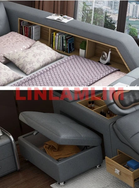 Luxury Upholstered Smart Storage Bed Frame with Bookshelves, USB, Foldable Dresser, Drawers & Headboard Storage, All In One Bed