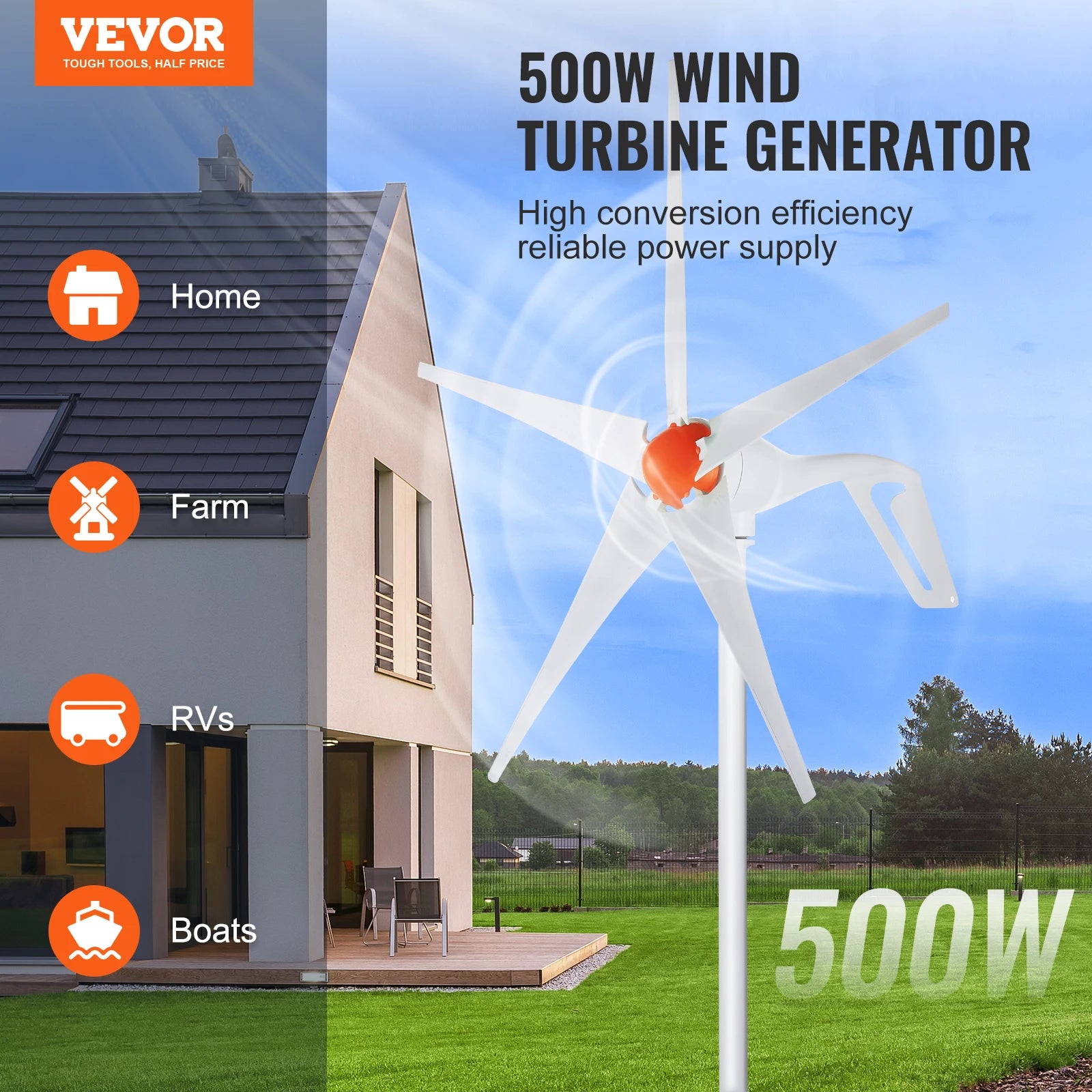 SucceBuy Wind Turbine Generator 12V 500W/800W Wind Turbine Kit Wind Power Generator with MPPT Controller Suitable for Home Farm