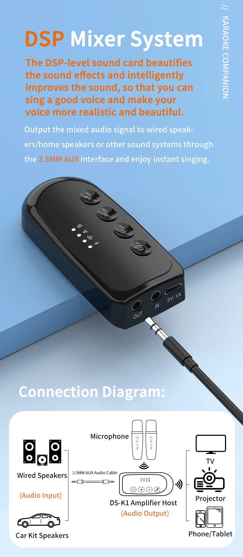Wireless Karaoke Companion Bluetooth 5.3 Dynamic Microphone KTV DSP Mixer System 3.5MM AUX Type-C Amplifier Host For Speaker Car