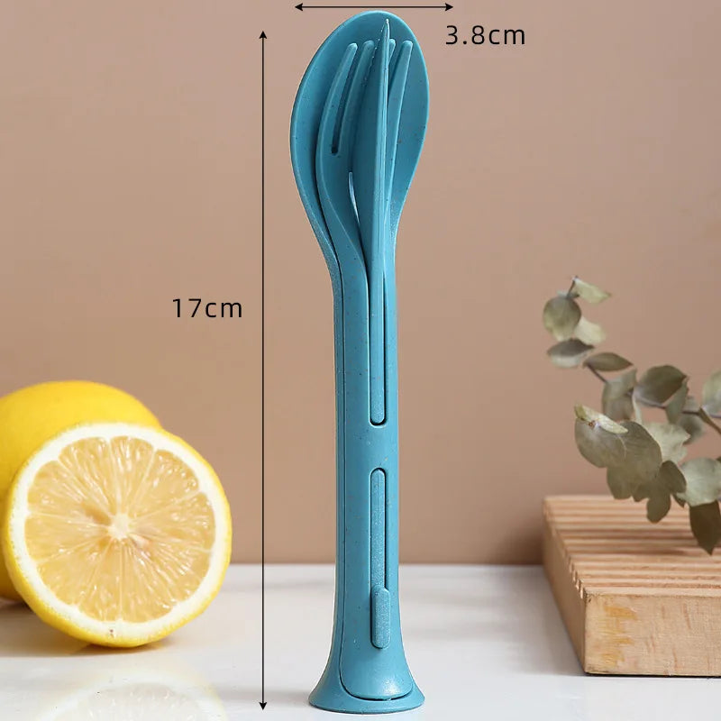 3Pcs Portable Tableware Set Wheat Straw Dinnerware Detachable Cutlery Travel Tableware Picnic Dinnerware Set Camping Cutlery Set