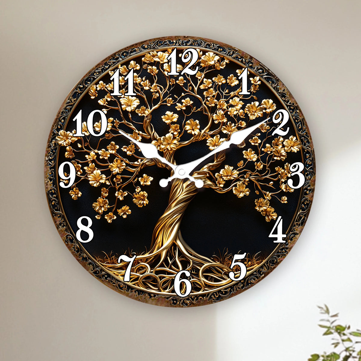 Golden Tree of Life with Intricate Details Wall Clock, Luxury Ornate Design Round Decorative Clock, Elegant Home Decor Timepiece