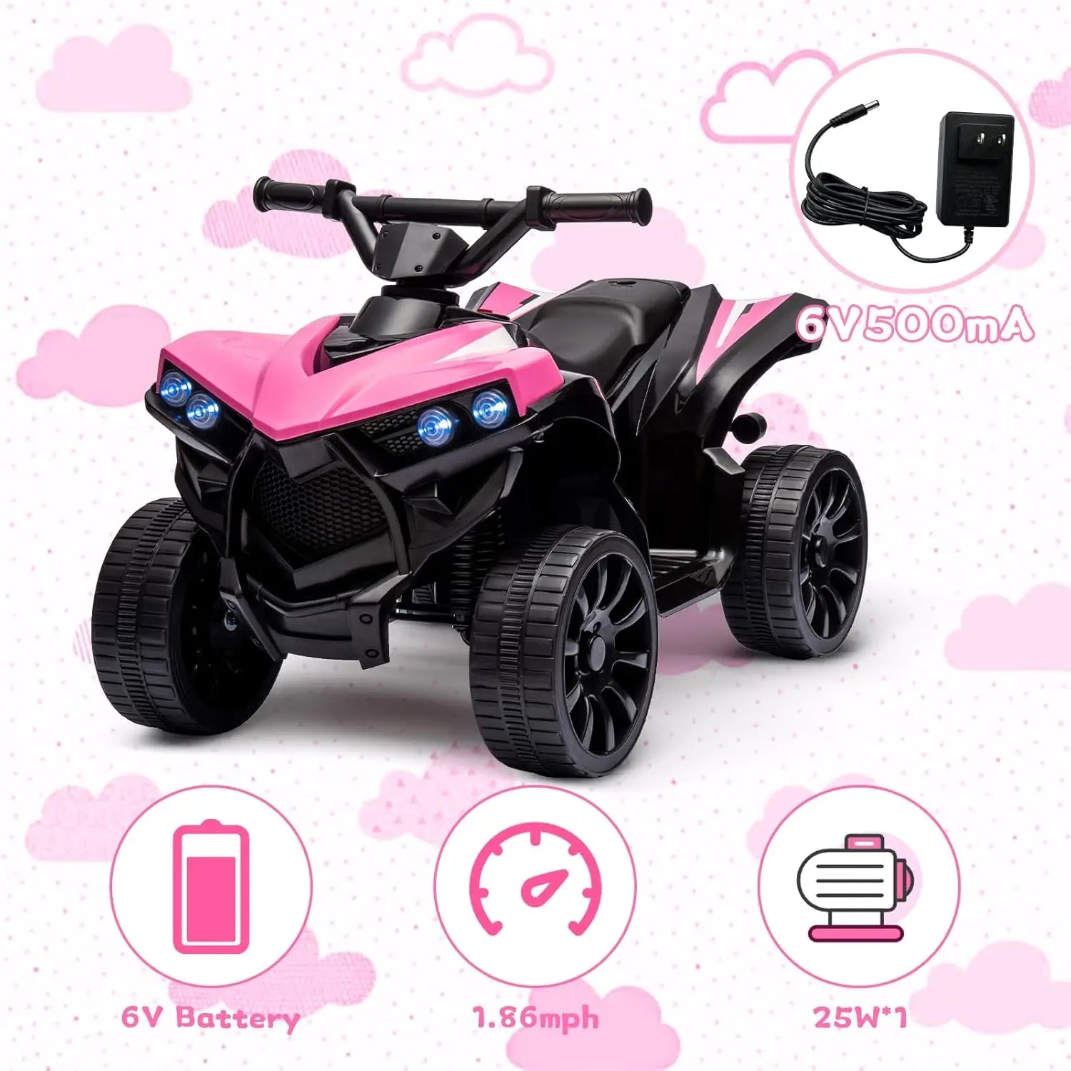6V Battery Powered Kids Electric ATV, Ride On Toys 4-Wheeler Quad for Boys and Girls, 1.8MPH Max Speed, Treaded Tires,Rubber Handles, Push-Button Accelerator