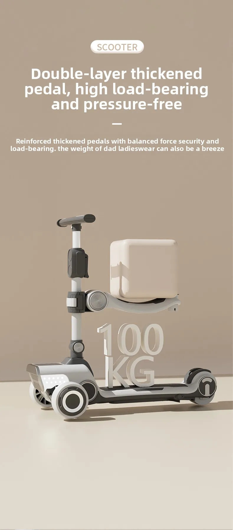 Rechargeable electric scooter for children, foldable and fun with widened design.