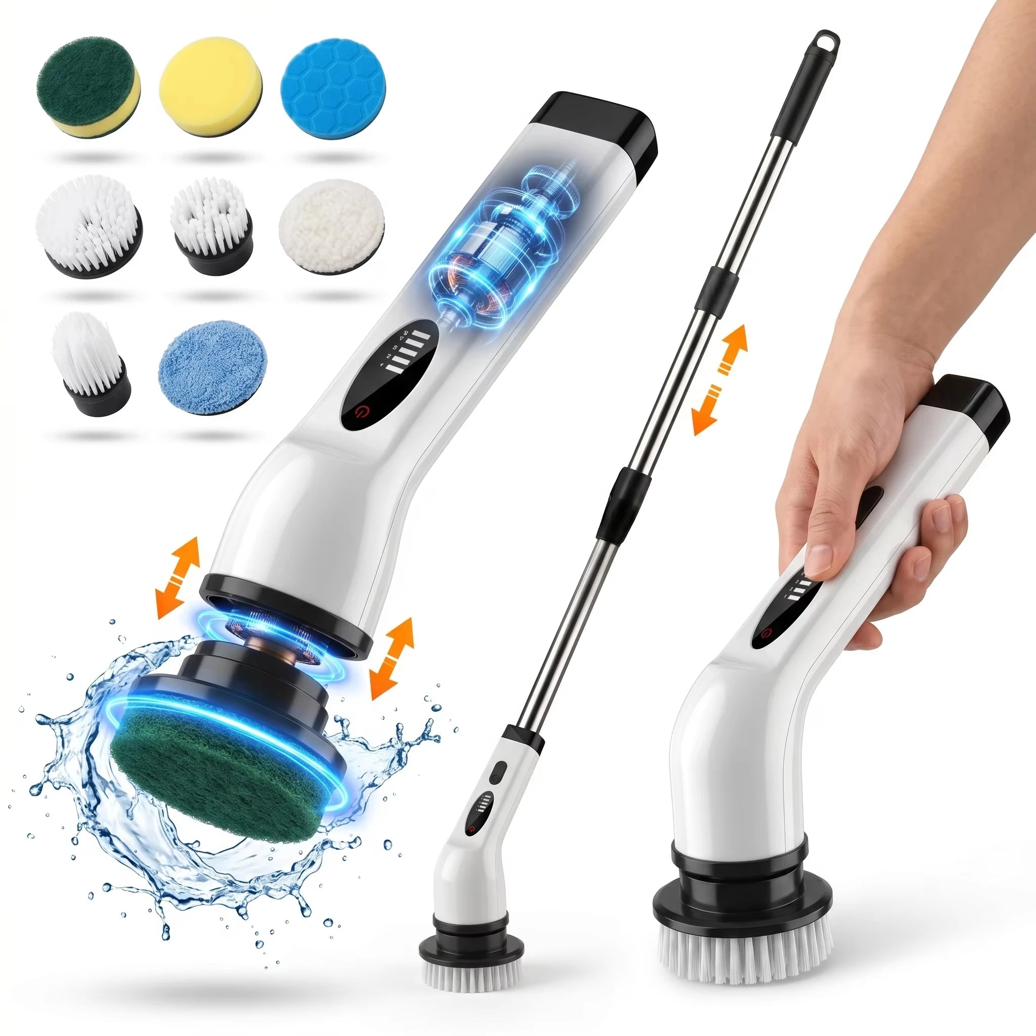 9-in-1 Electric Cleaning Brush, Cordless Power Scrubber with Long Extension Handle, Multi-Purpose Rotating Cleaning Tool for Bathroom, Kitchen, Tile, Tub, Shower, Floor, Grout, Countertops, Window, Household Deep Cleaning