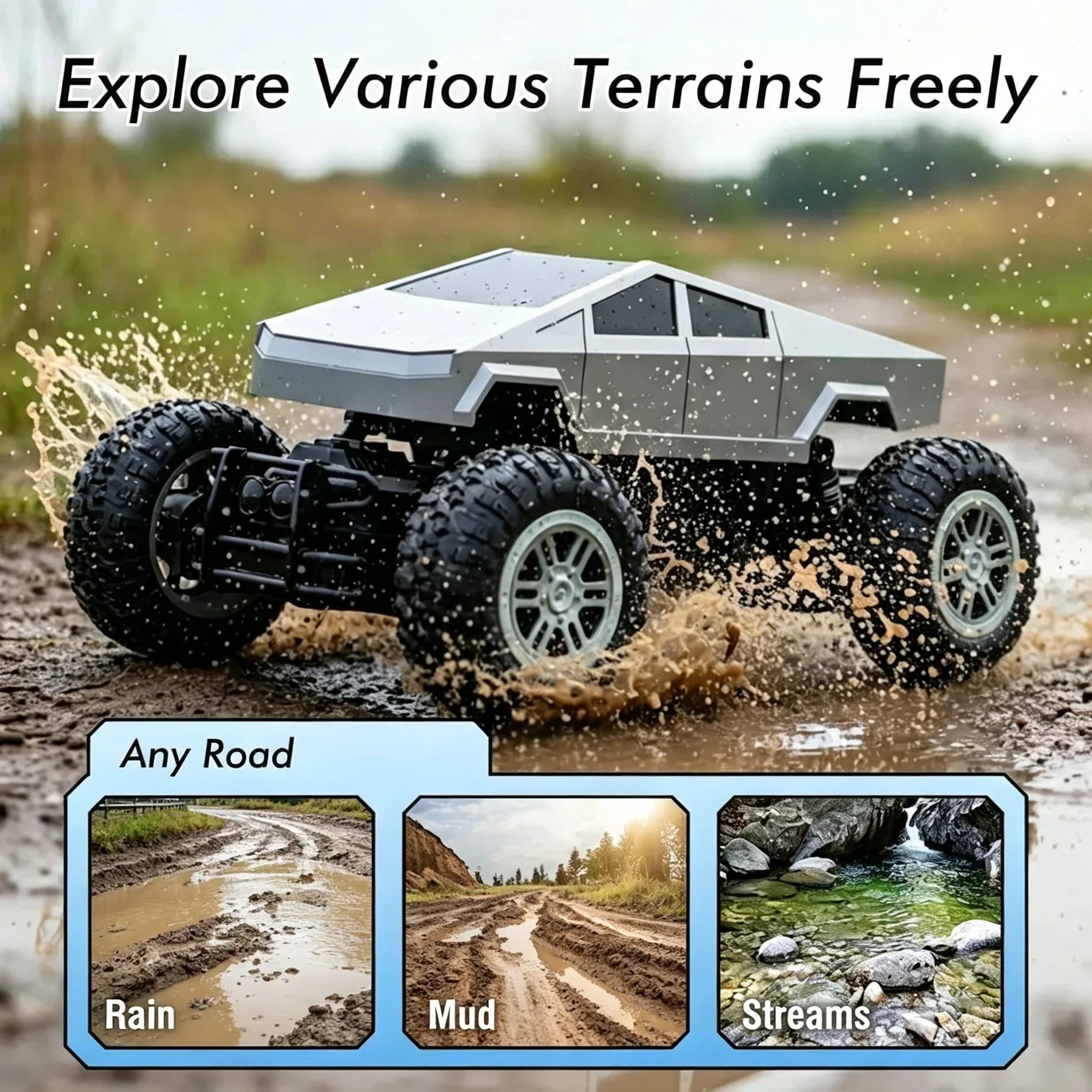 Amphibious RC Car 1:16 4WD Waterproof Remote Control Stunt Truck Cyber Style All Terrain Off Road Vehicle LED Lights for Kids