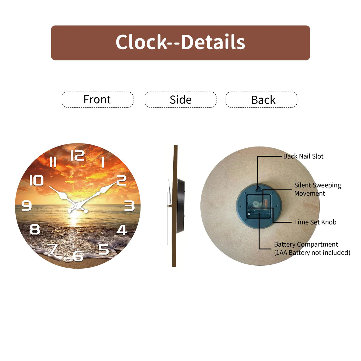 1pc Beach decorative wall clock, Sea, beach, neon, sunset design wall clock, wooden silent clock, Living Room bedroom, Room deco