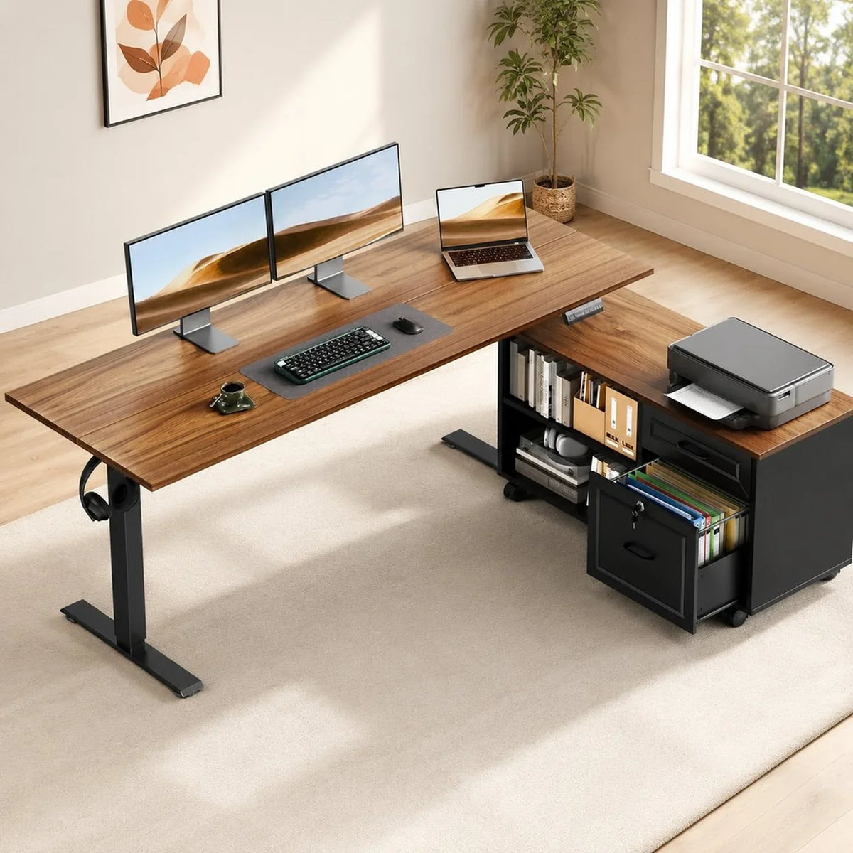 USA Stock 55" L Shaped Electric Standing Desk with Cabinet Sets, Walnut/Black | Mobile Drawers & File Cabinet Sets for Flexible