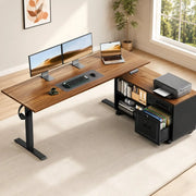 USA Stock 55" L Shaped Electric Standing Desk with Cabinet Sets, Walnut/Black | Mobile Drawers & File Cabinet Sets for Flexible