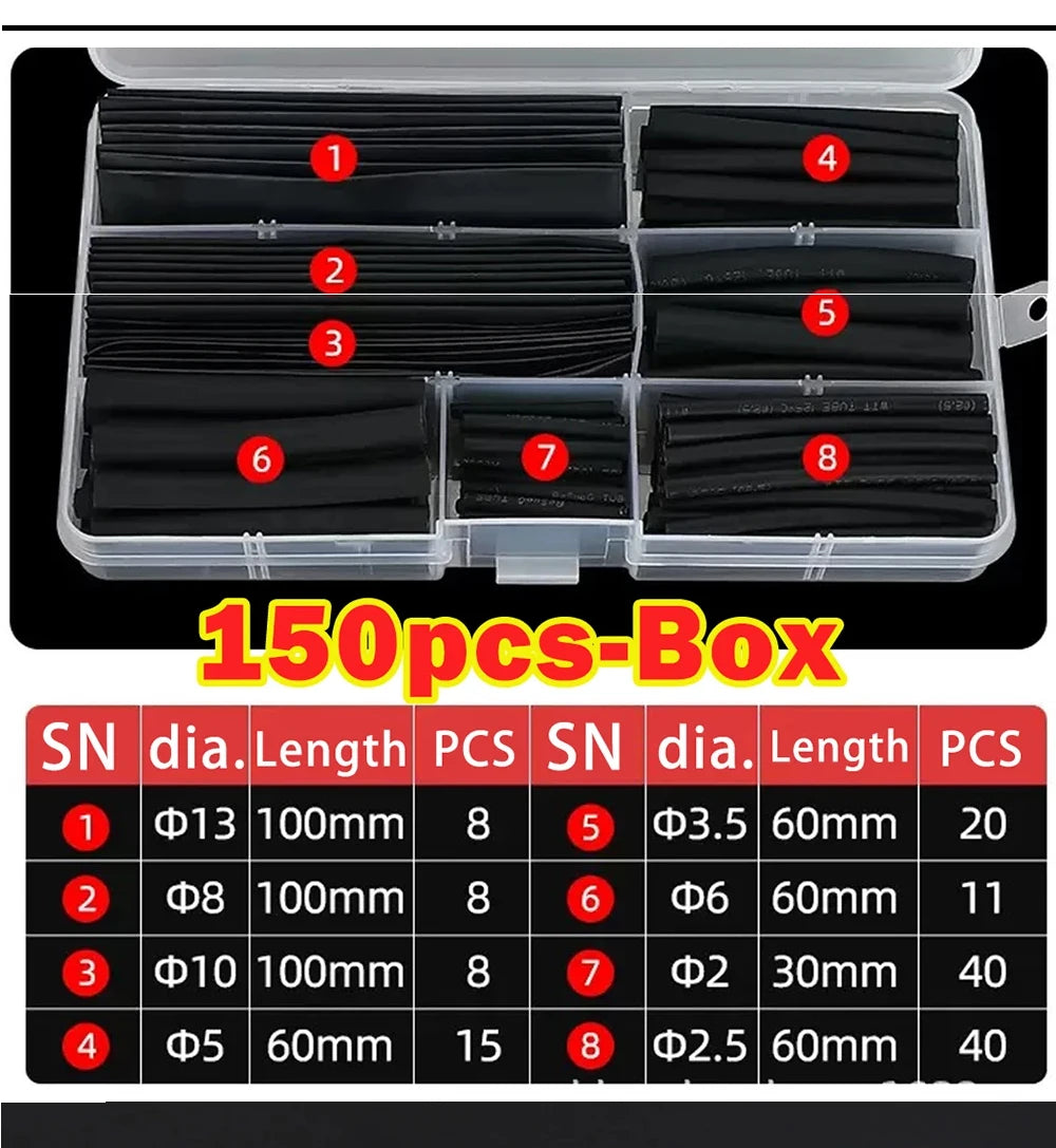 Protect your wiring with this black heat shrink tube kit—thermoresistant tubing ideal for wire wrapping, electrical connections, and cable insulation!