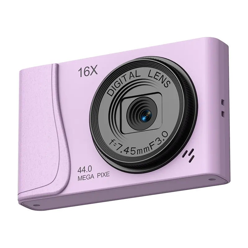 Purple digital camera with lens and specifications