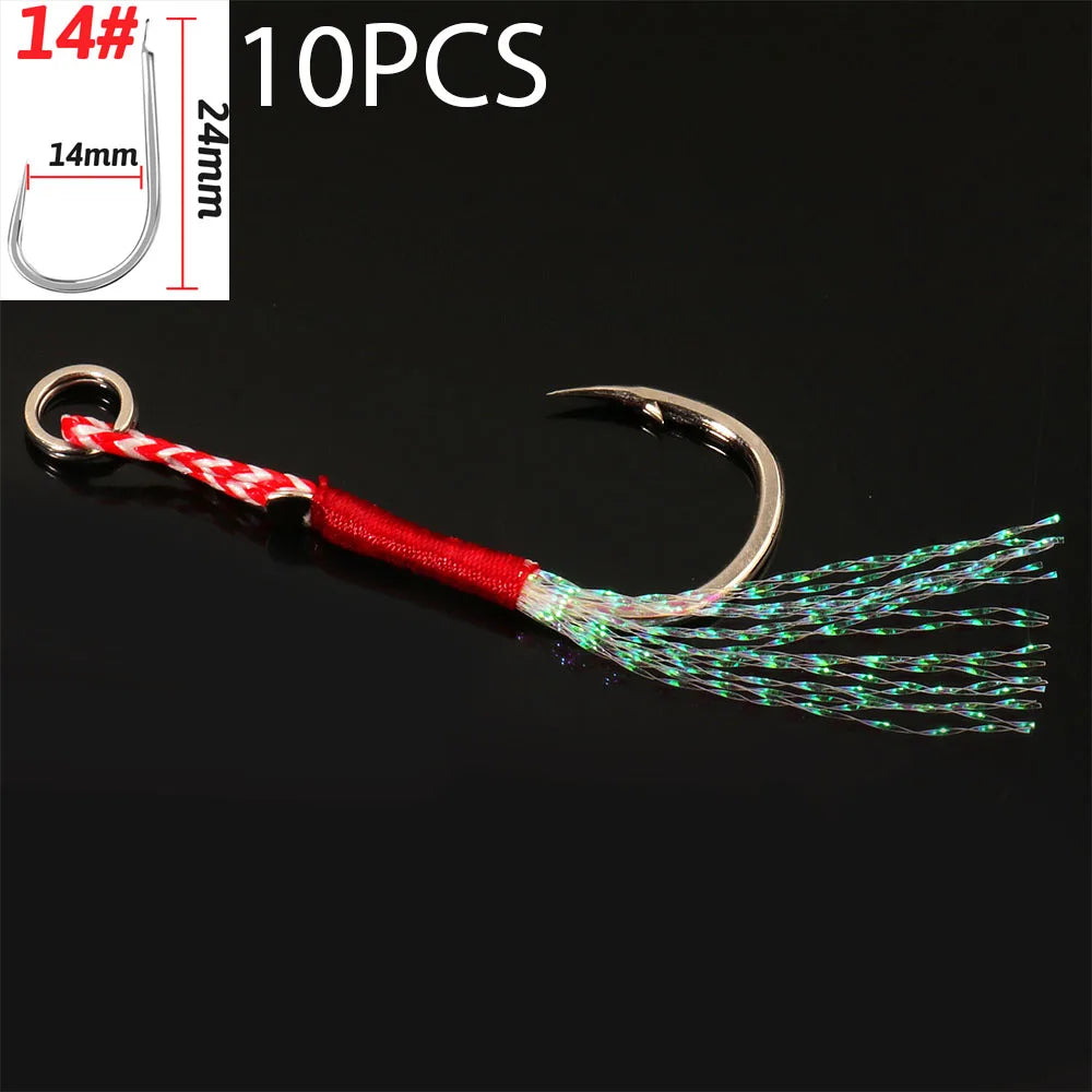 Cast Jig Assist Hook 10PCS/Lot High Carbon Steel Angle Barbed Thread Feather Lake Fishing Tackle Slow Jigging Sea Pesca Fishhook