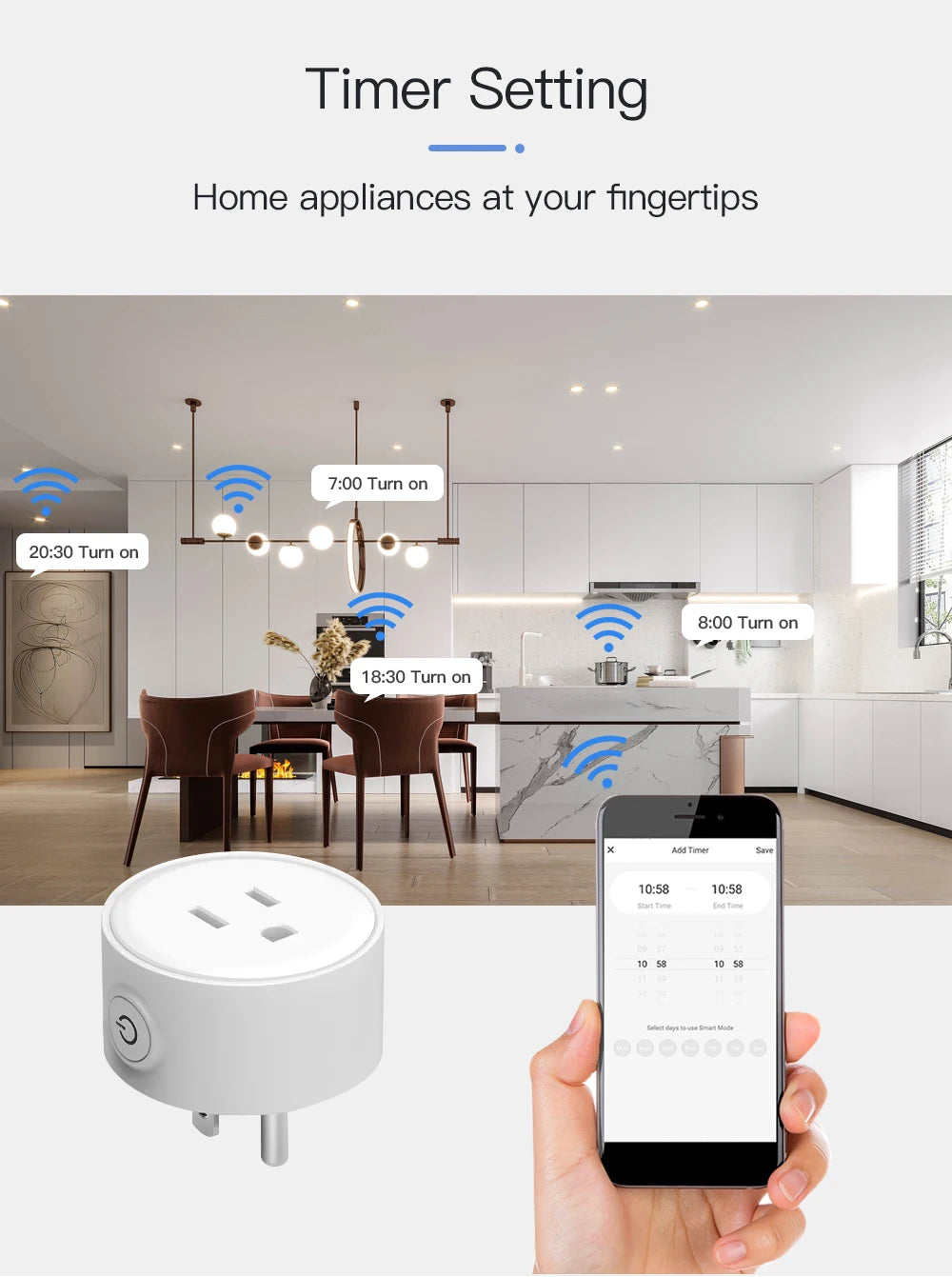 Control your devices hands-free with this WiFi smart plug featuring USA socket compatibility—wireless switch supporting app control, scene linkage, and voice assistants like Alexa and Google Home for smart home convenience!