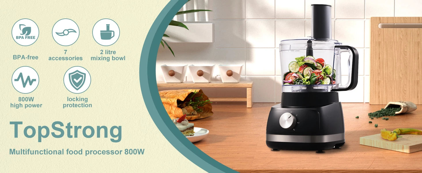 TopStrong 6-in-1 for Chopping, Slicing, Shredding and Kneading Dough, 3 Speeds with Pulse, 2L Mixing Bowl 800W Food Processor