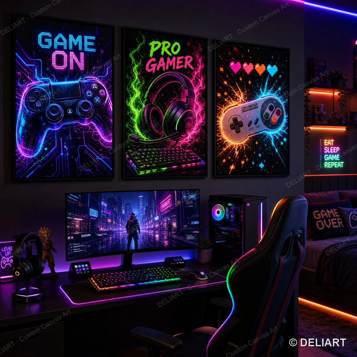 1 & 3 PCS Set Neon Gaming Posters Canvas Wall Art Print Gamepad Gamer Room Decor Esports Gift for Boys Teens Unframed