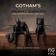 Gotham Silent Thinker Figurine, 2 Styles Realistic & Chibi Cloaked Warrior Edge Sitter, Refined 3D Printed Desktop Ornament, Dar