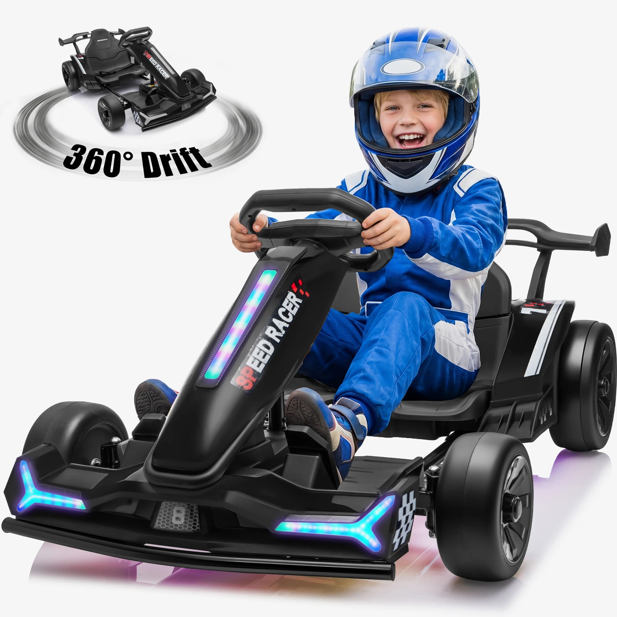 Joyracer 24V Go Kart for Kids 6-12, 2x400W Motors Electric Drift Car with Adjustable Length, 360°Drift Mode, 6.5 MPH High Speed Racing Car, Bluetooth Music