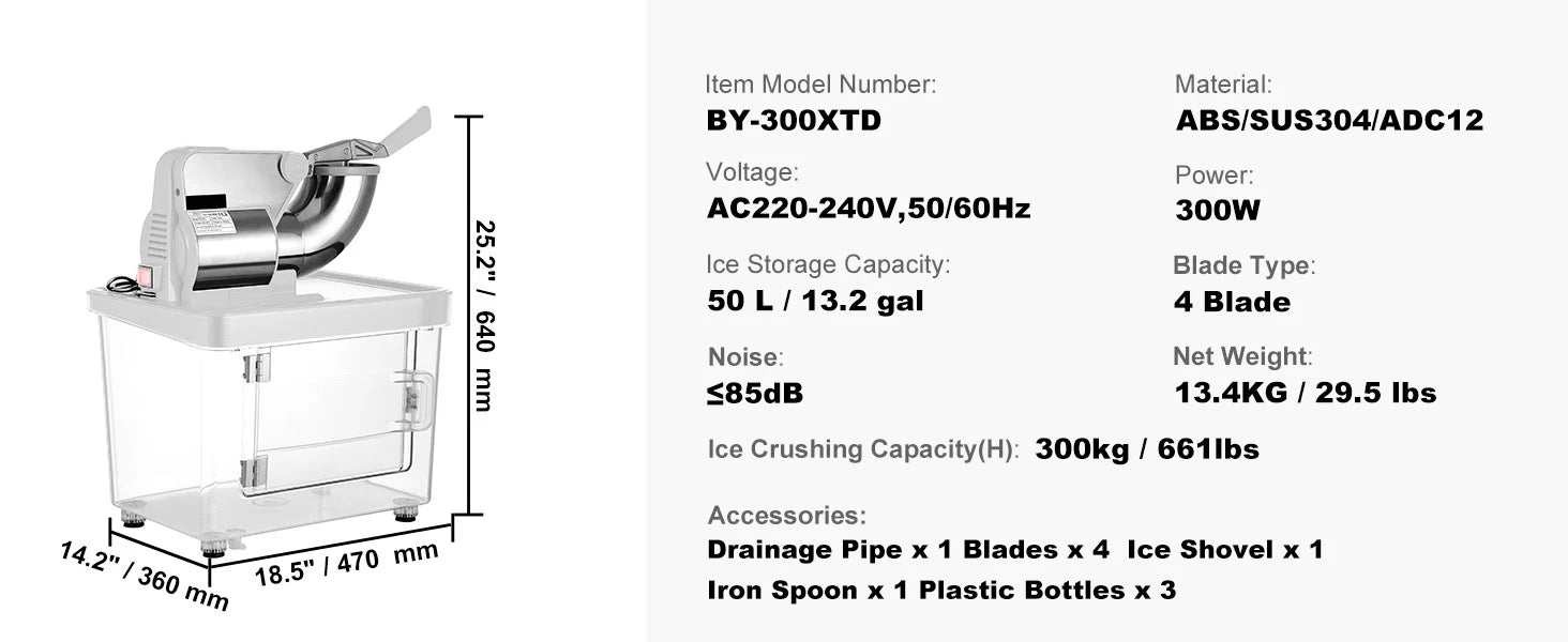 SucceBuy Electric Snow Cone Machine Ice Shaver Crusher Granizing Glass Blender Mixer Chopper Stainless Steel Colder Commercial