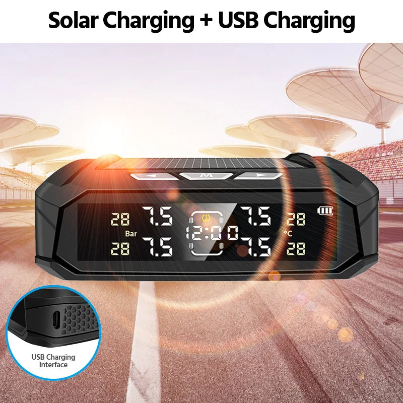 E-ACE Car TPMS Sensor 8 Bar Smart System For Car Truck With Car Electronic Clock Auto Intelligent System Solar Power LCD Display