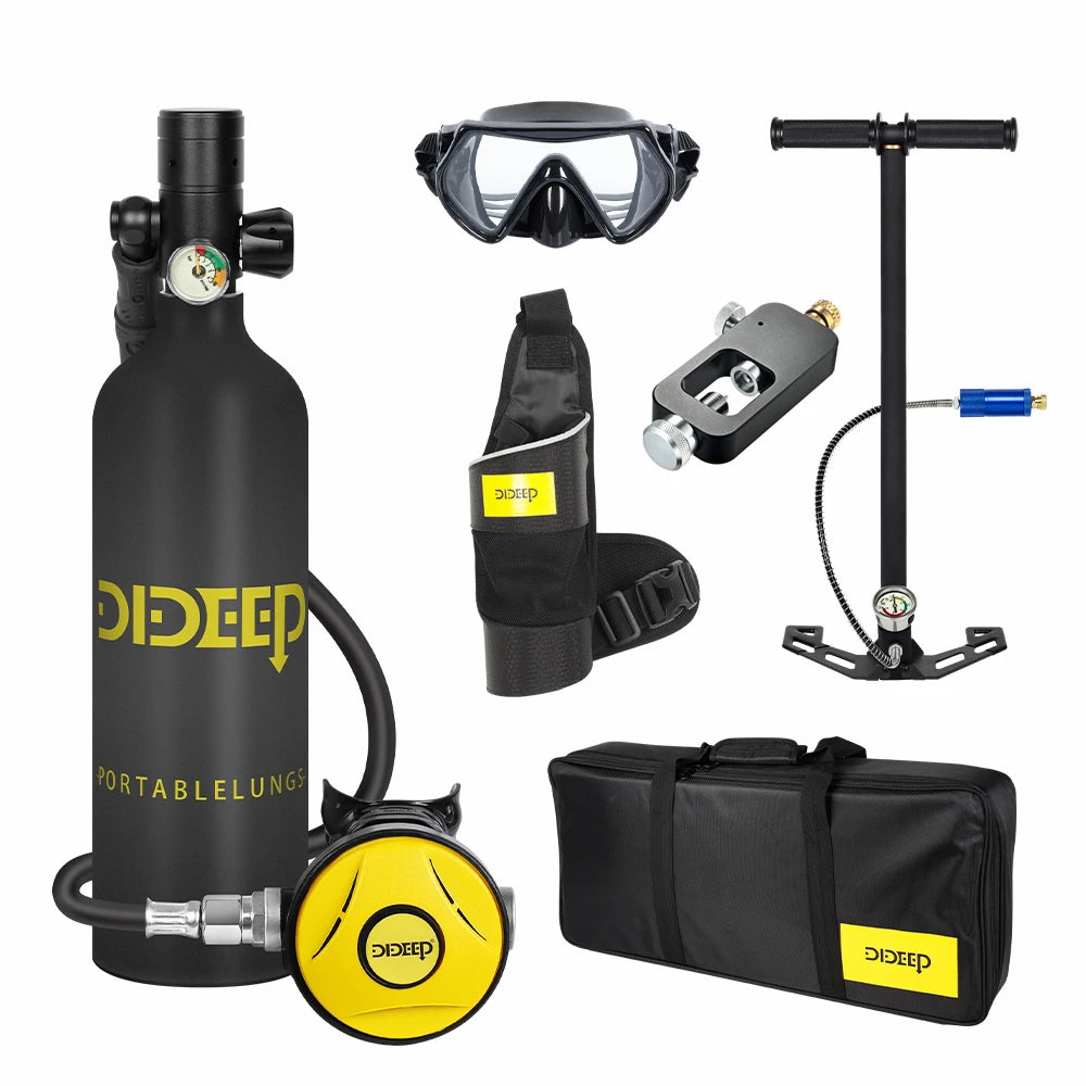 DIDEEP 1L Mini Scuba Diving Tank Set, 15-20Mins Underwater Diving Cylinder with Hand Pump，Portable Lungs Bottle with 3000 PSI
