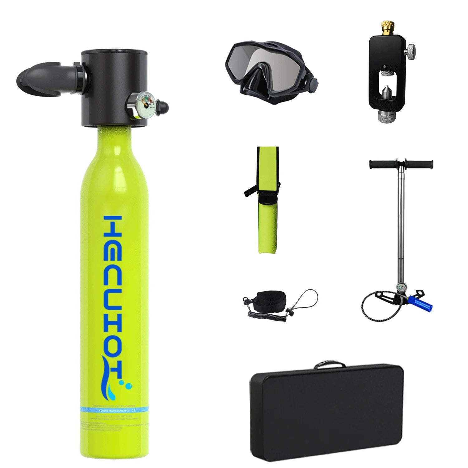 HECUIOI Mini Scuba Tank Diving Equipment 0.5L Outdoor Oxygen Scuba Diving Tank 5-10 Minutes Cylinder Snorkeling Set Hand Pump