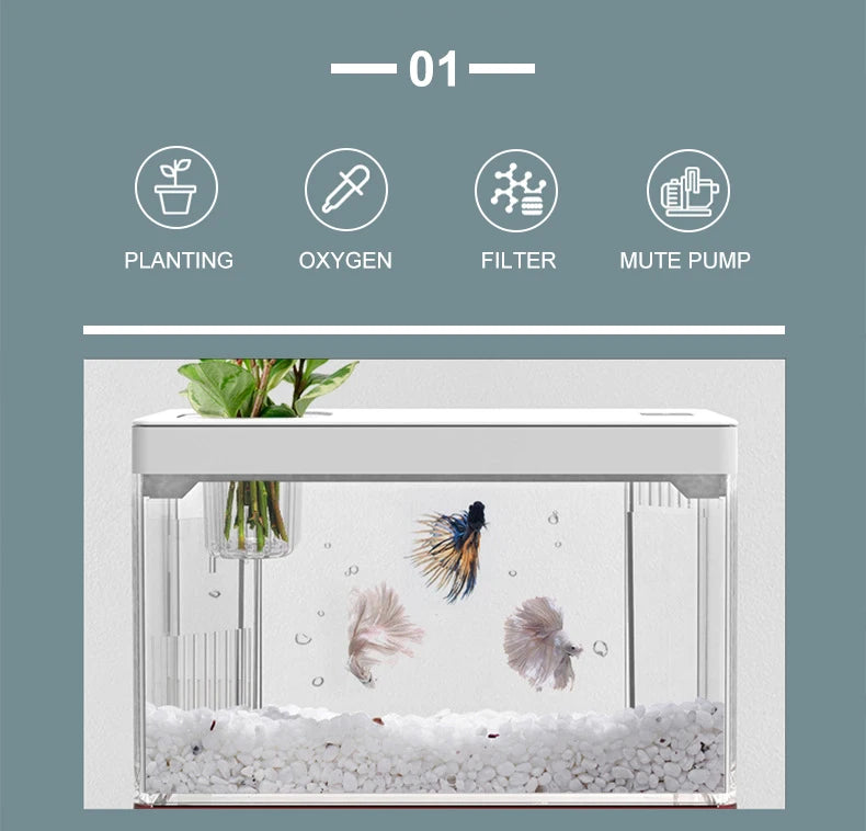 Mini Fish Tank Self-Circulating Fish Tank with Charging Filter Desktop Living Room Household Water Free Ecological Aquarium