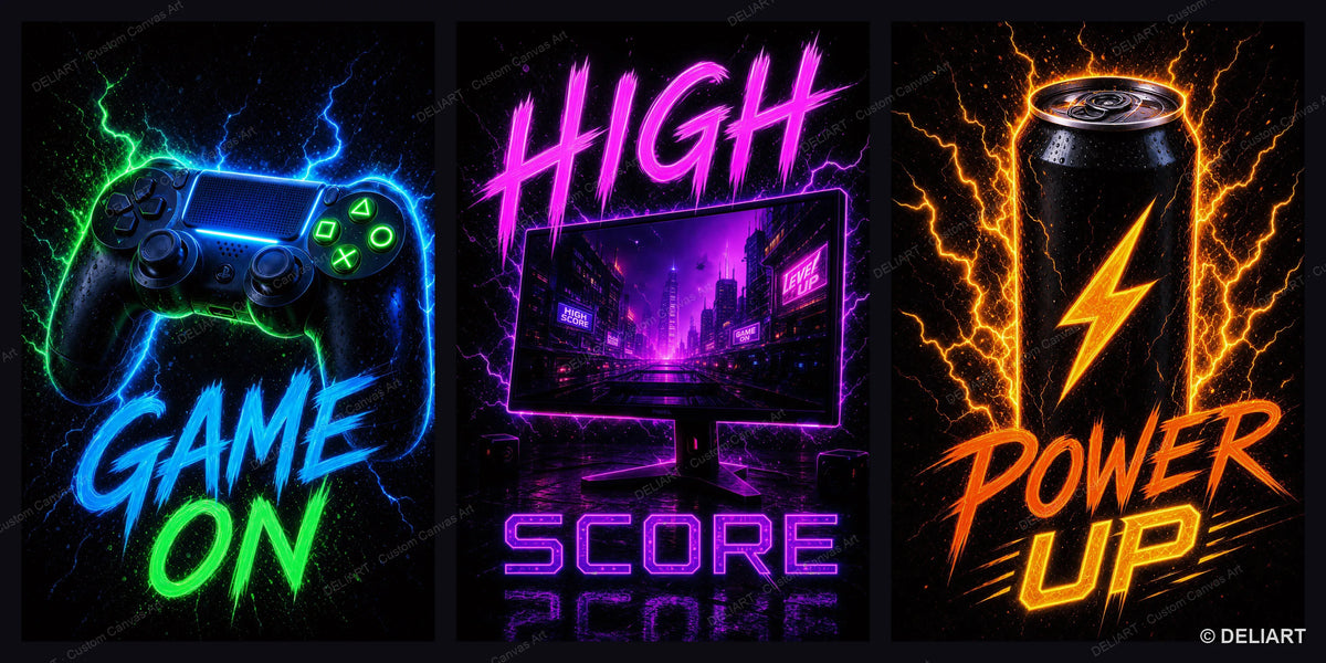 1 & 3 PCS Set Neon Gaming Posters Canvas Wall Art Print Gamepad Gamer Room Decor Esports Gift for Boys Teens Unframed