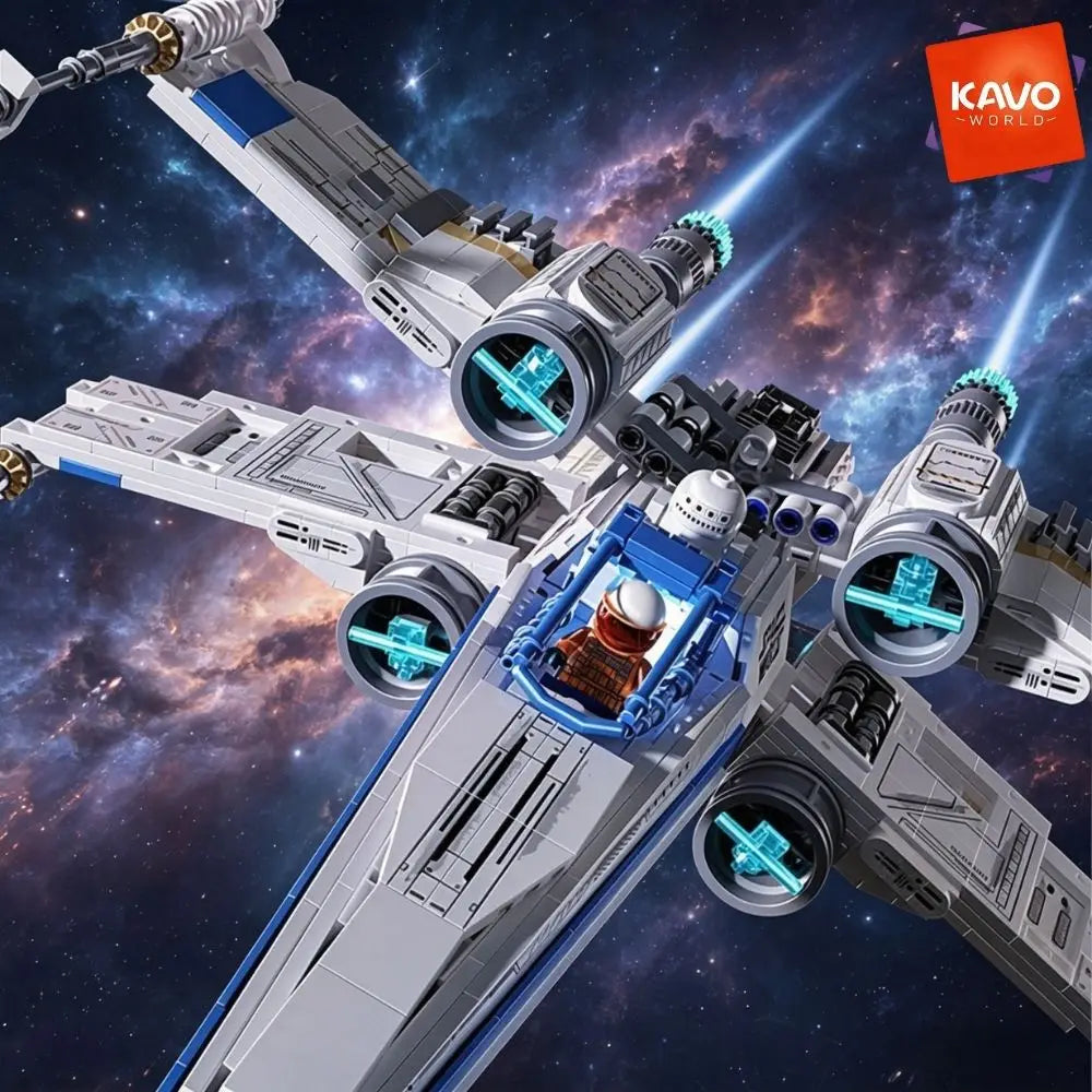KAVOWORLD 1271pcs X-Wing Space Fighter Building Blocks Set with LED Light Up Mechanical Linkage Transformable Starship Bricks Retractable Landing Gear Display Model Construction Toy Space Vehicle with Pilot Bricks Gift for Ad