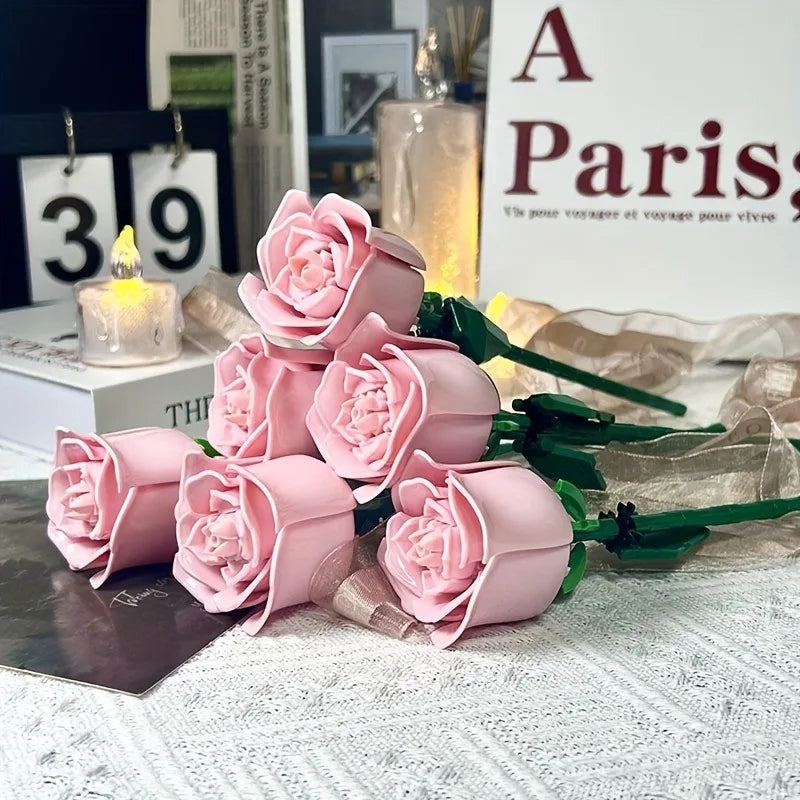 Knew Built Black Rose Flower Building Blocks 3D Model Bouquet Red Yellow Flower Brick Gift Home Decoration Children Toy with Box