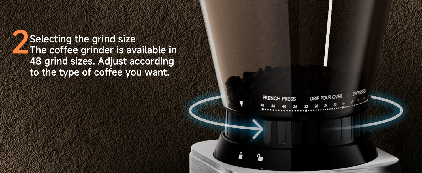 BioloMix Professional Conical Burr Grinder 48 Adjustable Settings with Removable Holder for Espresso Drip and French Press
