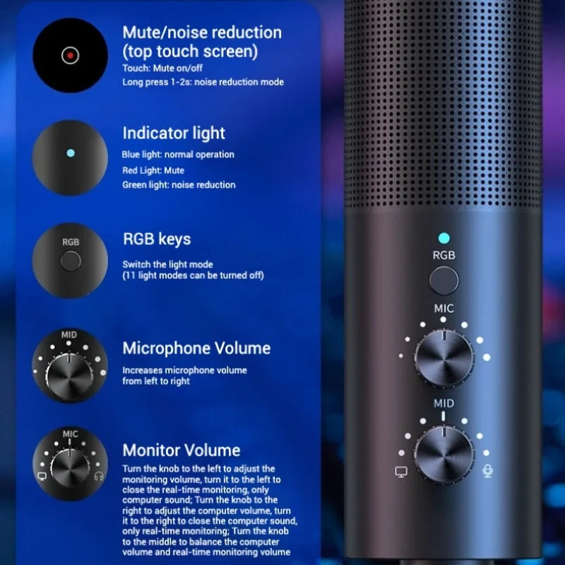 Capture crisp, clear audio with this USB condenser microphone featuring advanced noise cancellation—perfect for streaming, recording, and professional use!