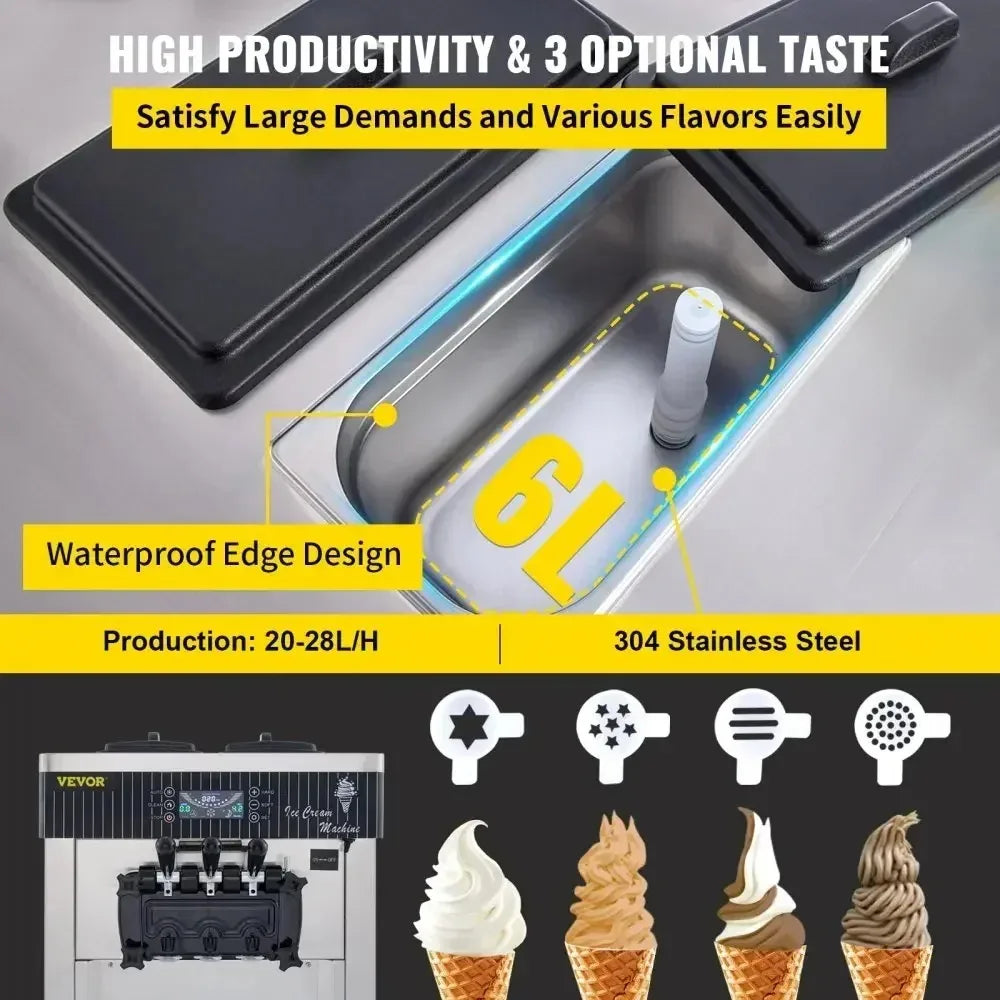Sihao 2200W Ice Cream Machine 5.3-7.4Gal/H Soft Serve with LED Display Auto Clean 3 Flavors Sweet Cone Freezing Equipment