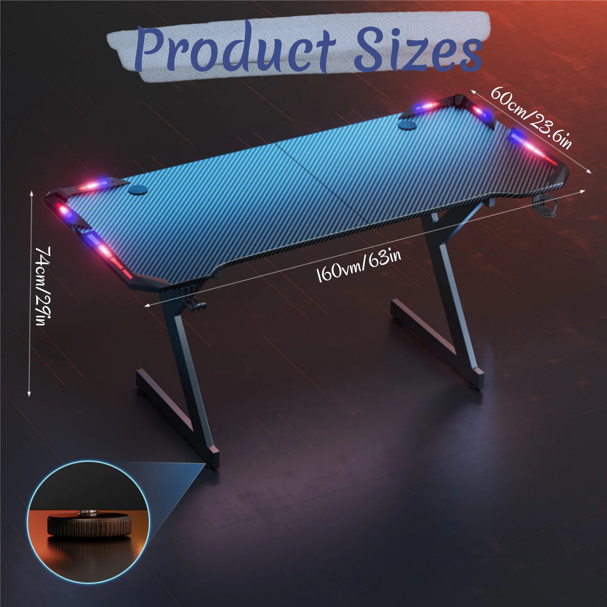 Y‑Shaped Gaming Desk with RGB LED Lights, Ergonomic Carbon‑Fiber Surface PC Workstation Table with Headphone Hook & Cup Holder