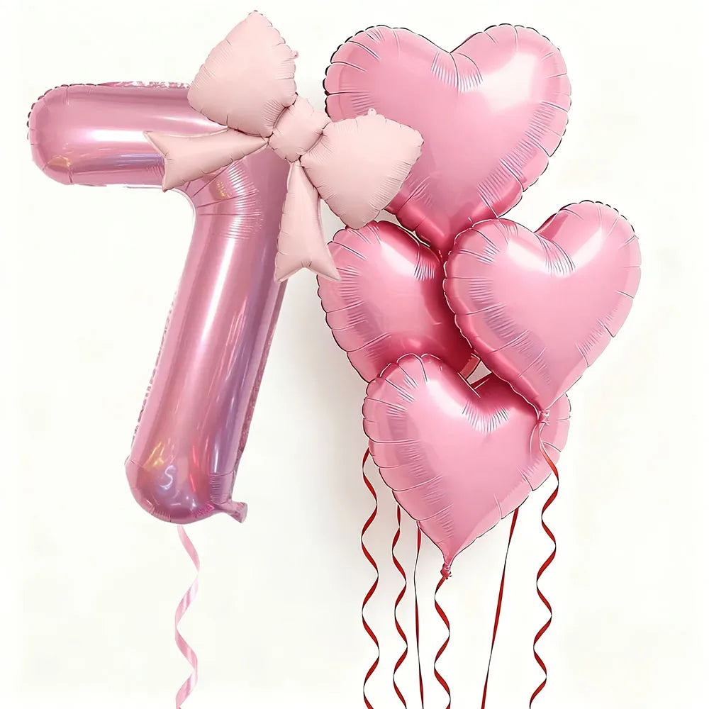 6pcs Pink Bow Heart Balloon with 32Inch Pink Number Foil Balloon for Birthday Party Wedding Engagements Anniversaries Decoration
