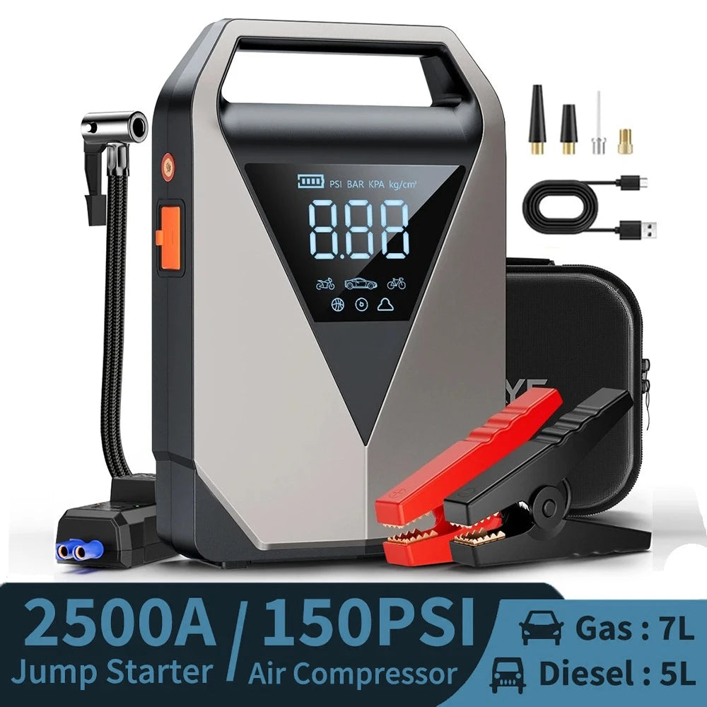 Be prepared on the road with this portable car jump starter and 150PSI air compressor—jump your battery and inflate tires anytime, anywhere!