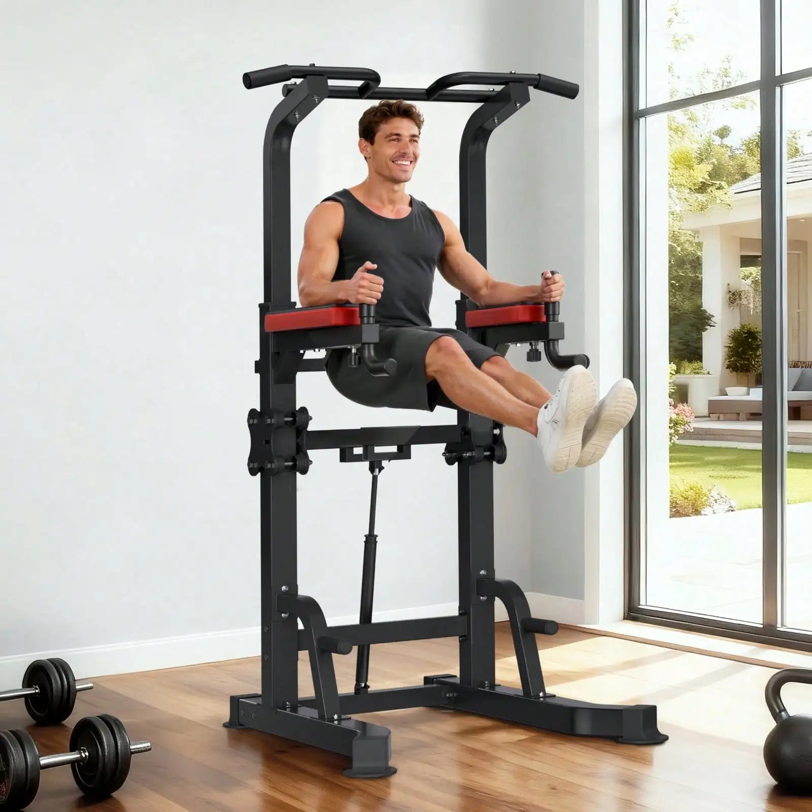 Pull Up Bar, 330 LBS Power Tower Dip Station, Workout Dip Station With H-Shaped Stable Base & Back Pad, Adjustable 12 Level Height Free Standing Chin Up Bar For Back, 4-Level Adjustable Back Pad