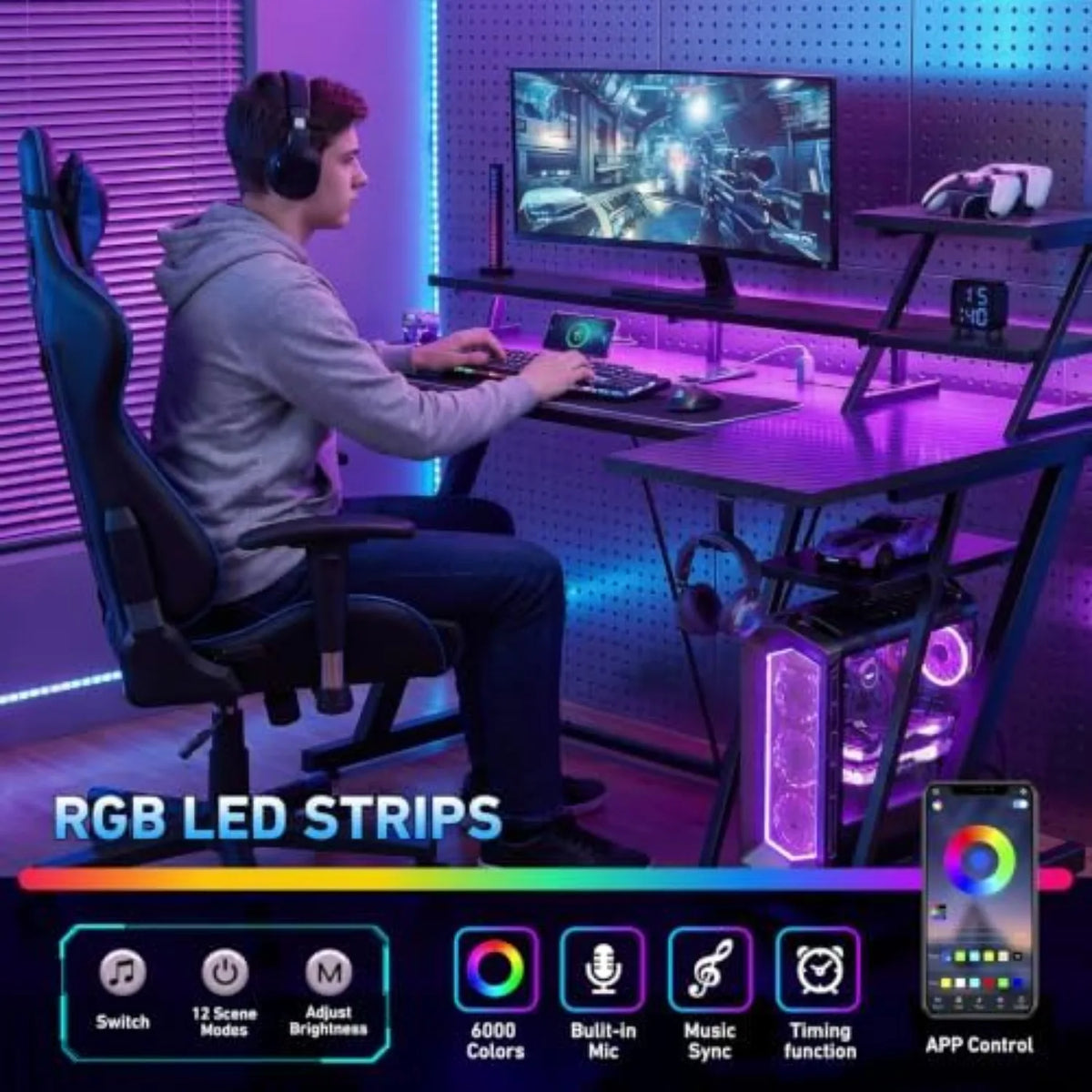 40 Inch Gaming Desk with LED Lights & Power Outlet, L Shaped Computer Gaming Table with Storage Shelves, Reversible