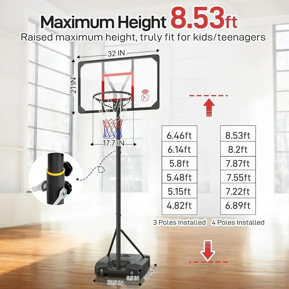 Adjustable Height Portable Basketball Hoop for Kids, Teens, and Youth - Suitable for Outdoor, Backyard, Driveway, Indoor Play wi