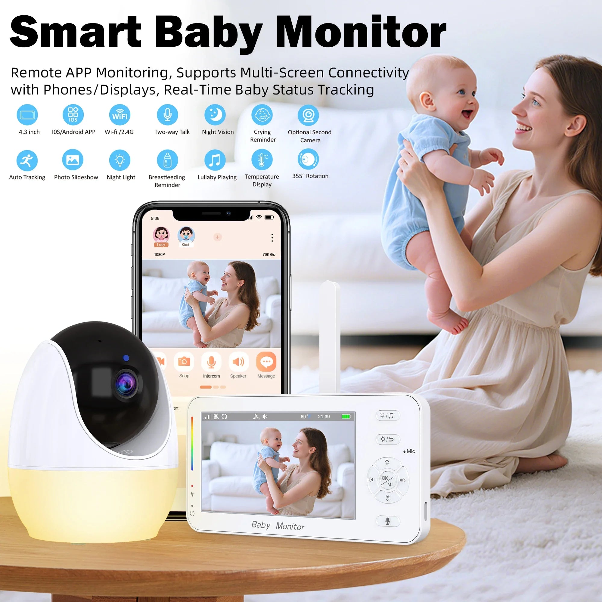 Keep an eye on your little one with this 4.3-inch video baby monitor featuring PTZ IP camera, night light, auto-tracking, and APP remote view control for convenient surveillance!