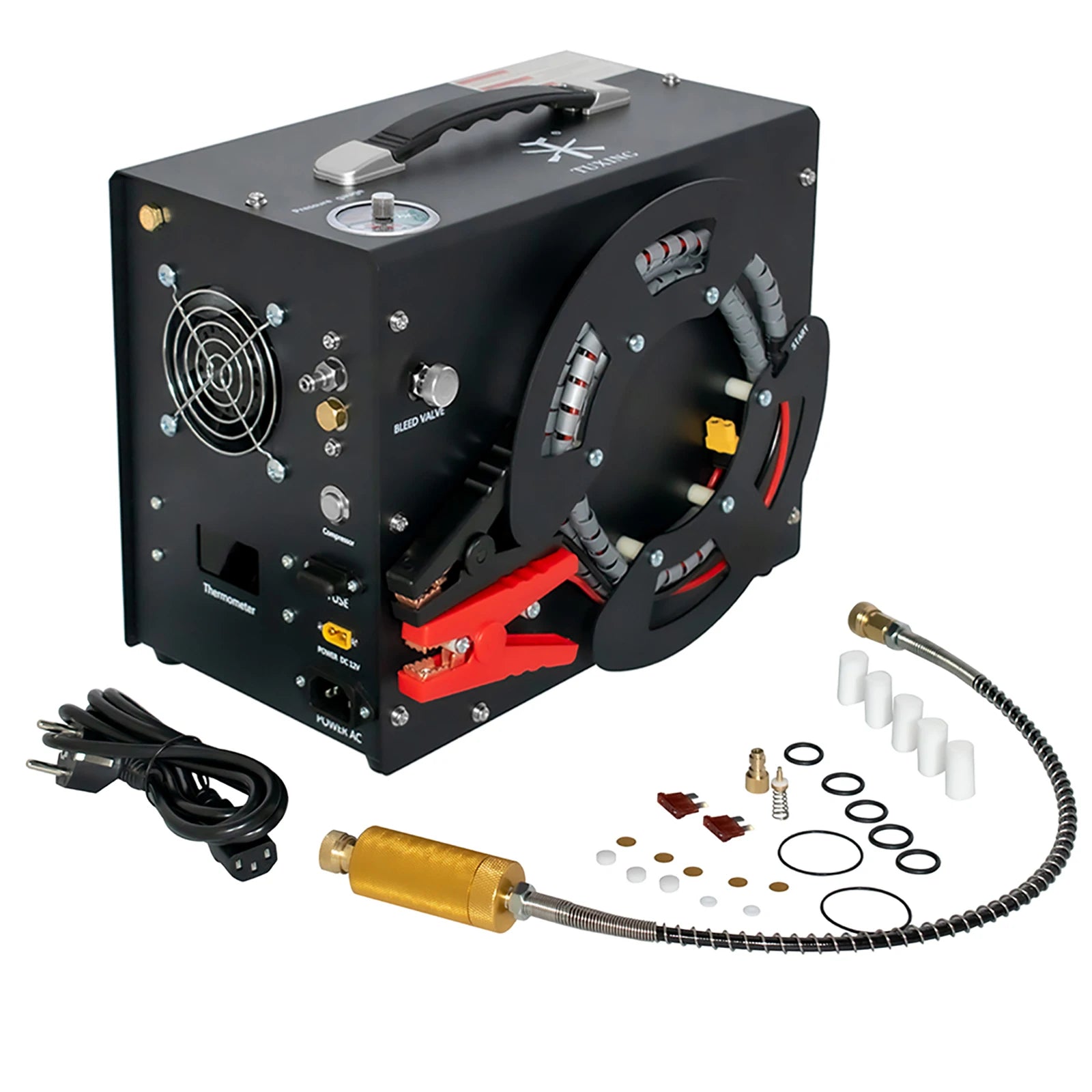 TUXING TXES062 300Bar 4500Psi 12V PCP Air Compressor High Pressure Compressor with Wire Spool 12V Adapter Auto-stop PCP Rifle